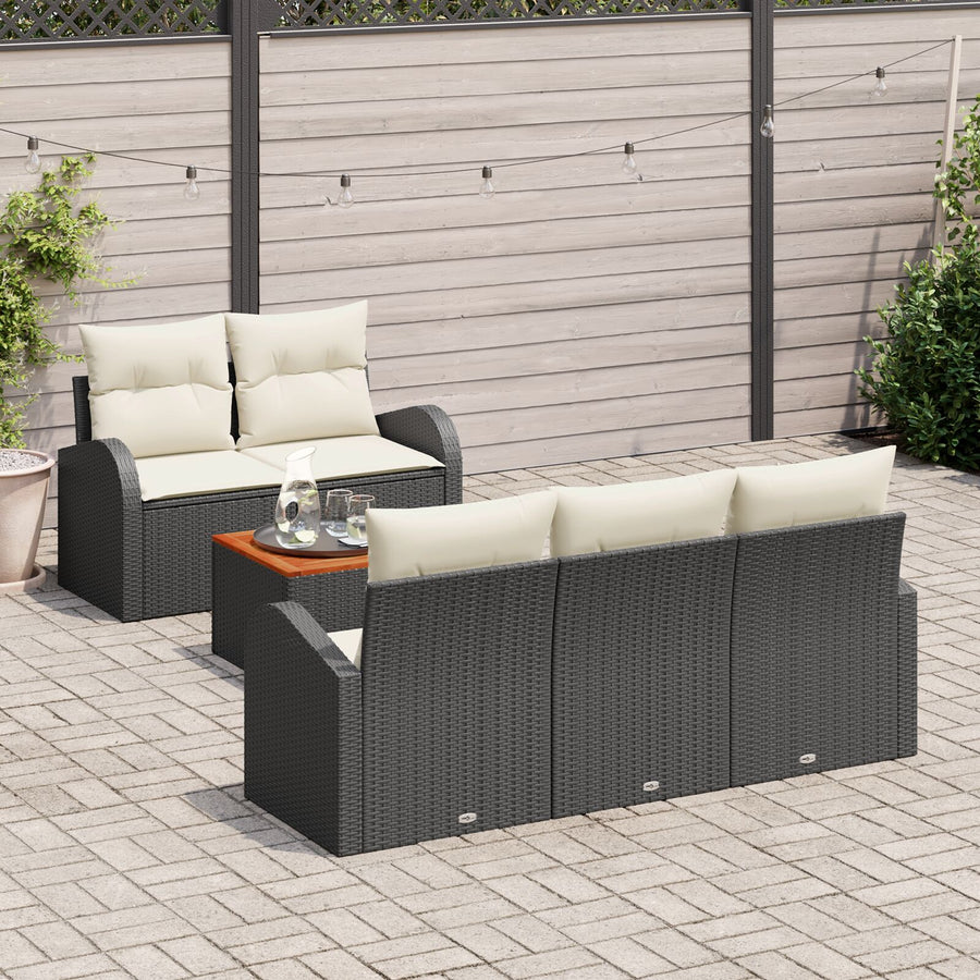 6-Delige Tuin Sofaset Met Kussens Zwart Poly Rattan Acaciahout