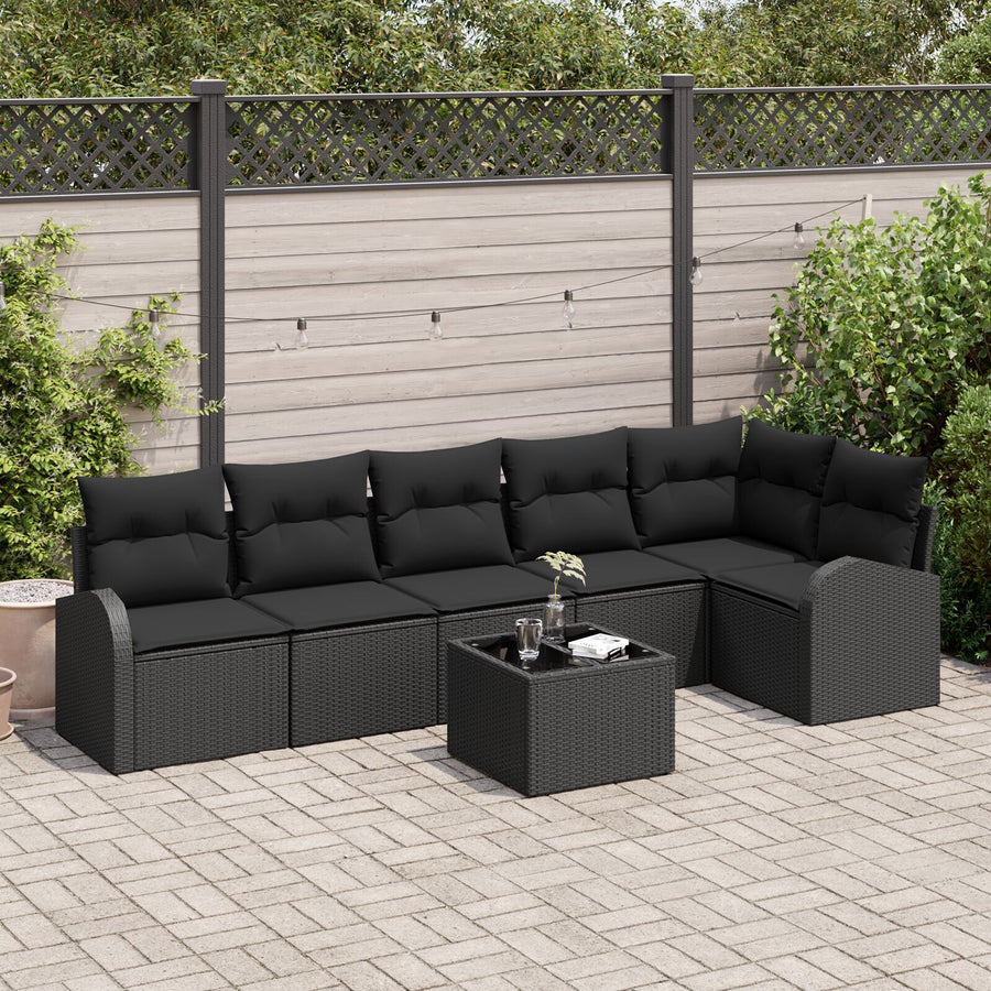 7-Delige Tuin Sofa Set Met Kussens Beige Poly Rattan Zwart met tafel
