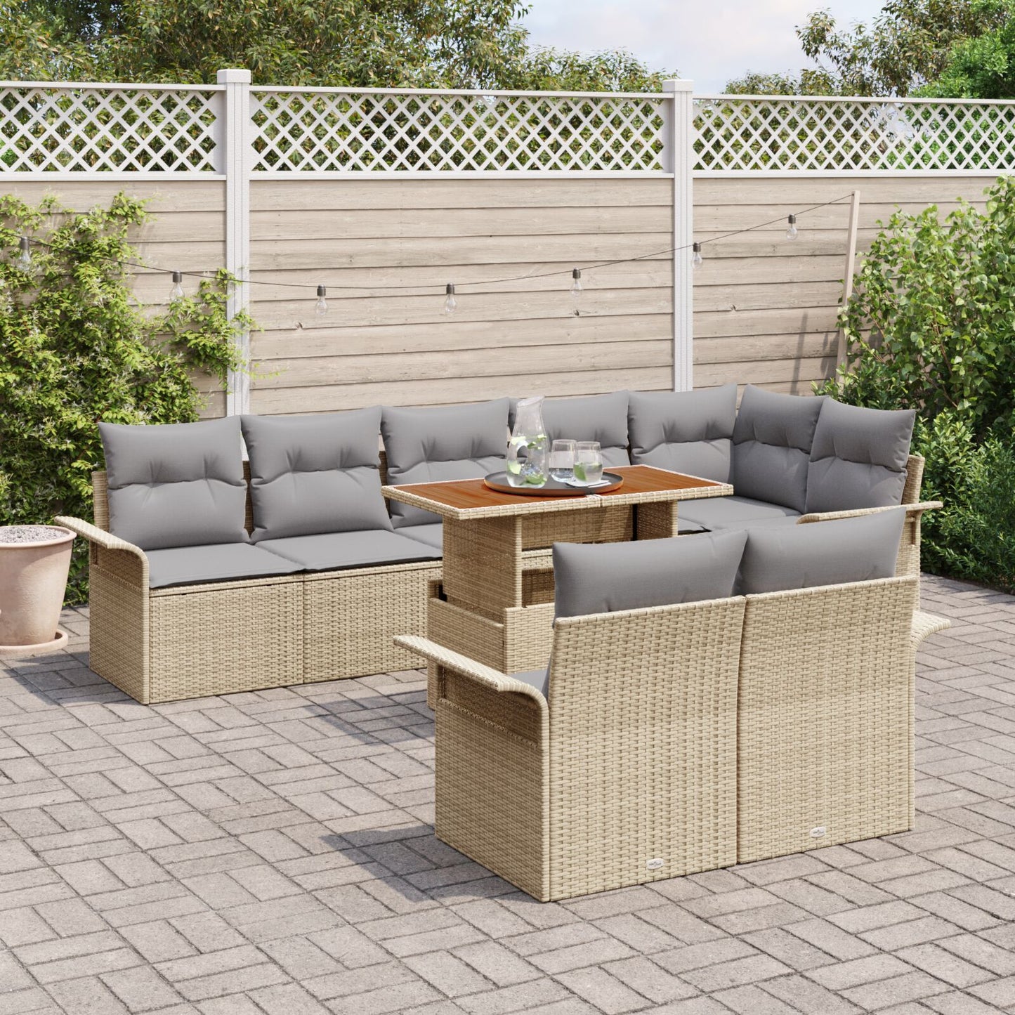 9-Delige Tuin Eetset Met Kussens Beige Poly Rattan Acacia