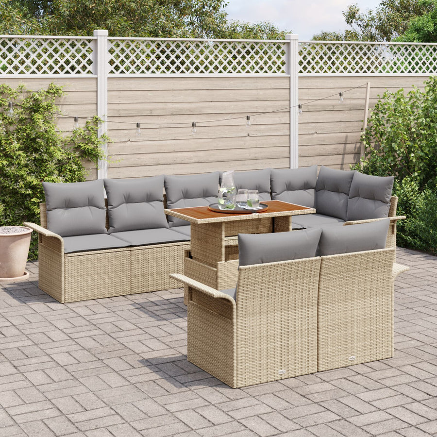 9-Delige Tuin Eetset Met Kussens Beige Poly Rattan Acacia