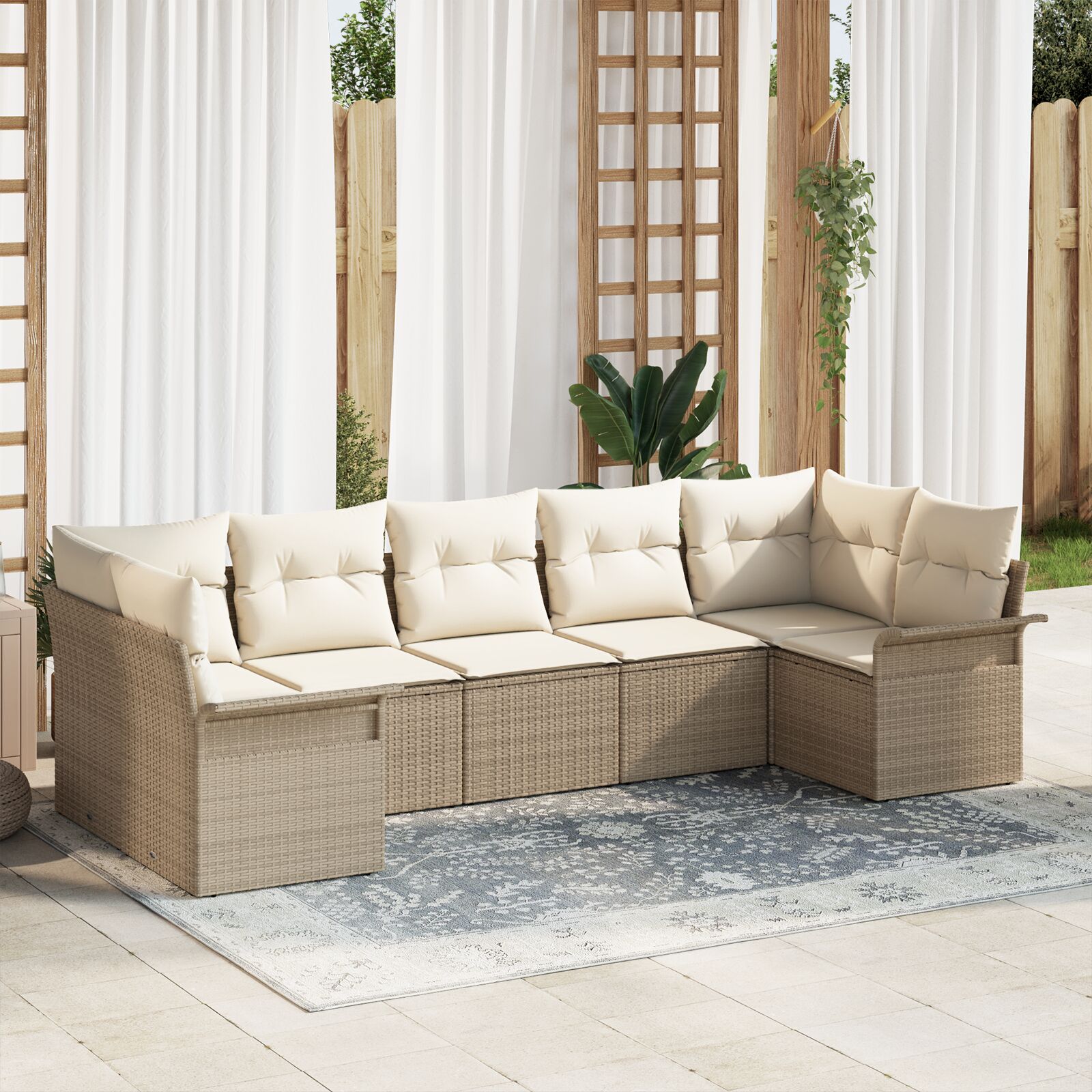 7-Delige Tuin Sofa Set Met Kussens Beige Poly Rattan