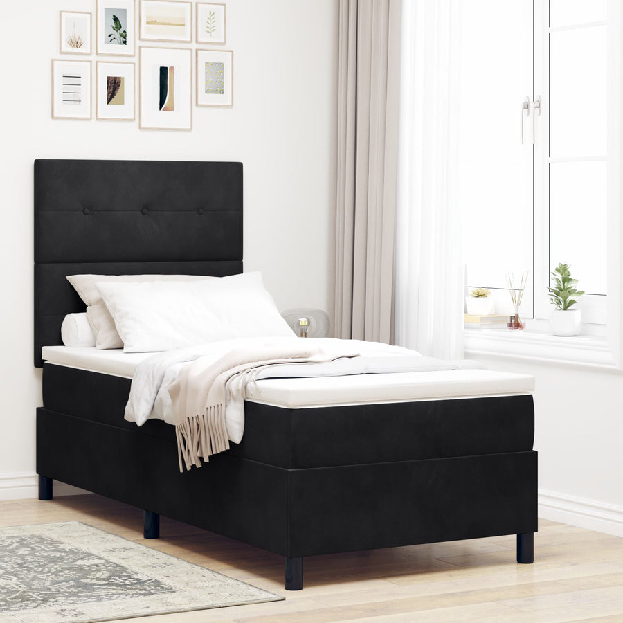 Boxspringbed Met Matras Zwart Eenpersoons Fluweel Blauw
