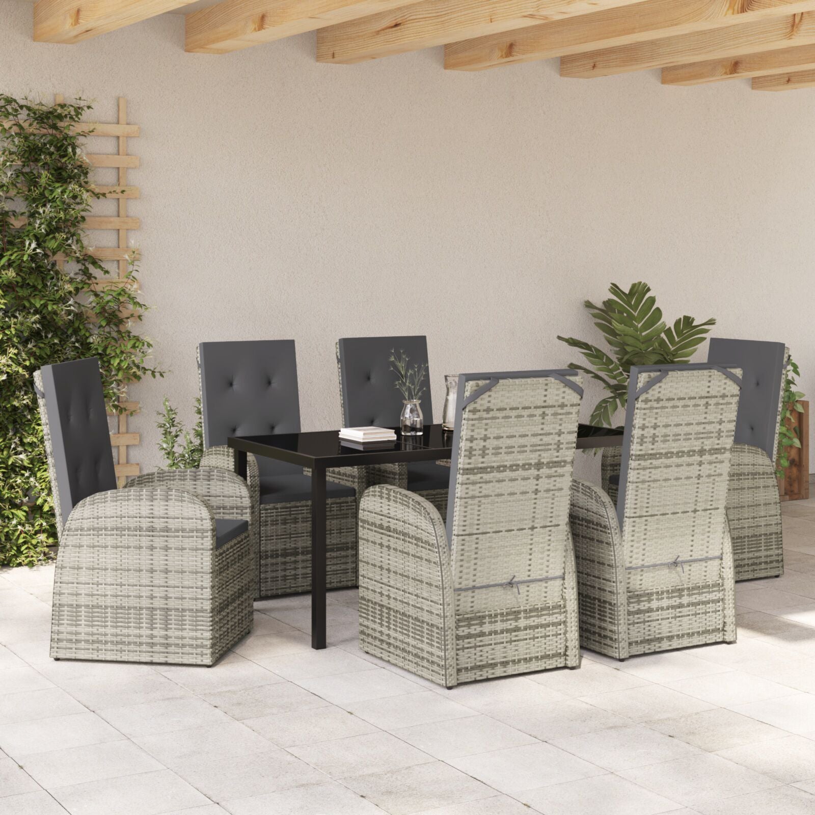 7-Delige Tuin Eetset Met Kussens Grijs Poly Rattan