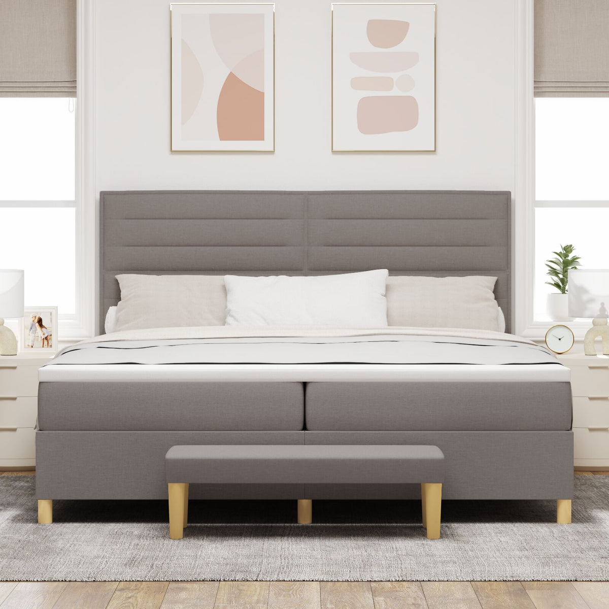 Boxspringbed Met Matras & Bank Stof Taupe 200 x 200 cm Lijnen ontwerp