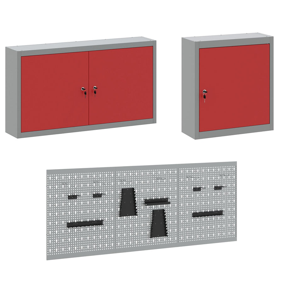 8-Delige Werktafel Set Staal 3x (84/85/85 cm) Rood 3x kast + 3x pegboard + 2x gereedschap kabinet