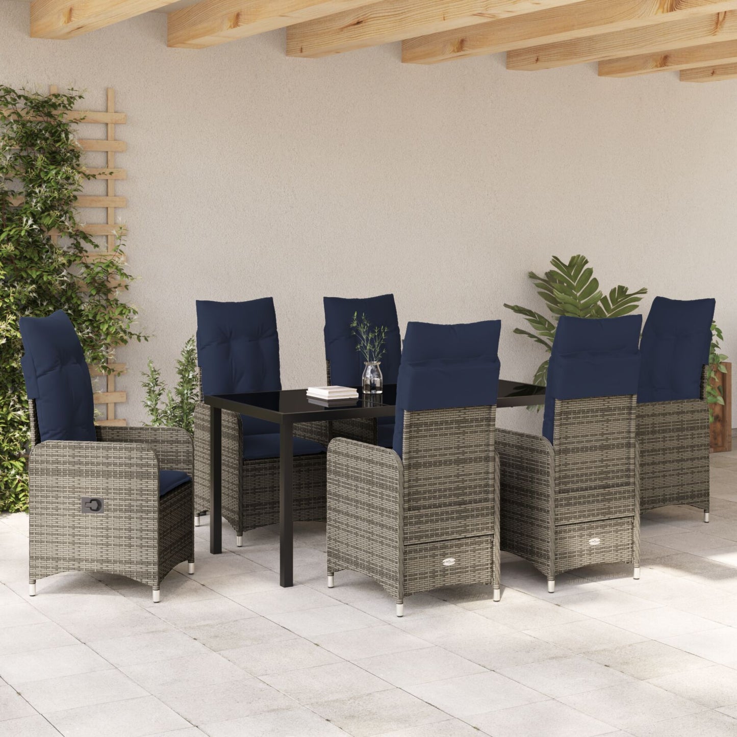 7 Delige Tuin Eetset Met Kussens Zwart Poly Rattan