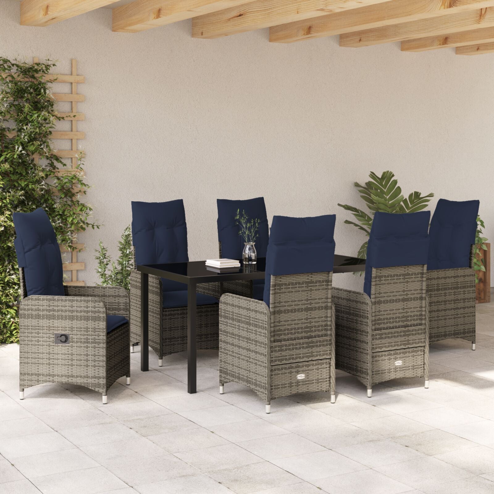 7 Delige Tuin Eetset Met Kussens Zwart Poly Rattan