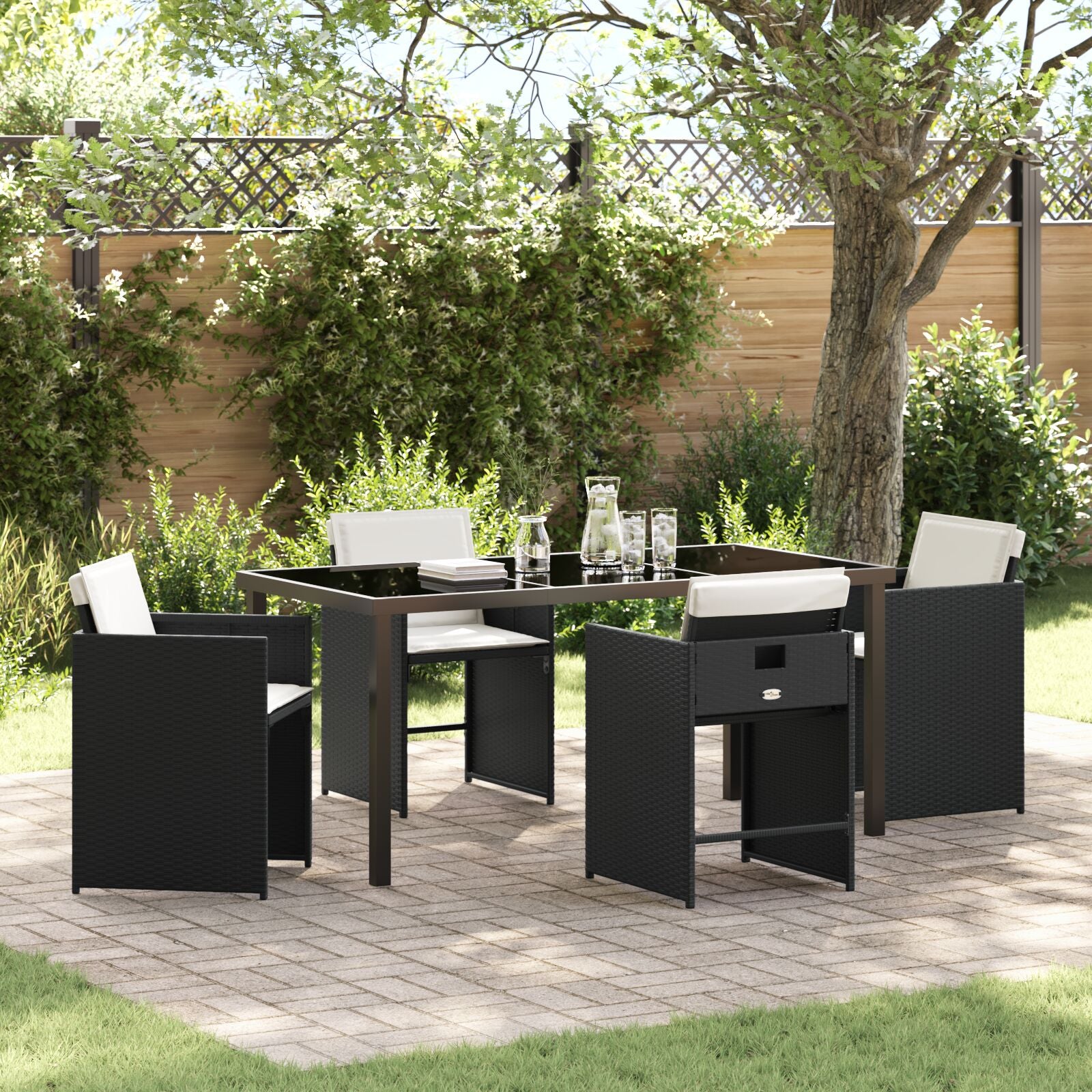 5-Delige Tuin Eetset Met Kussens Zwart Poly Rattan