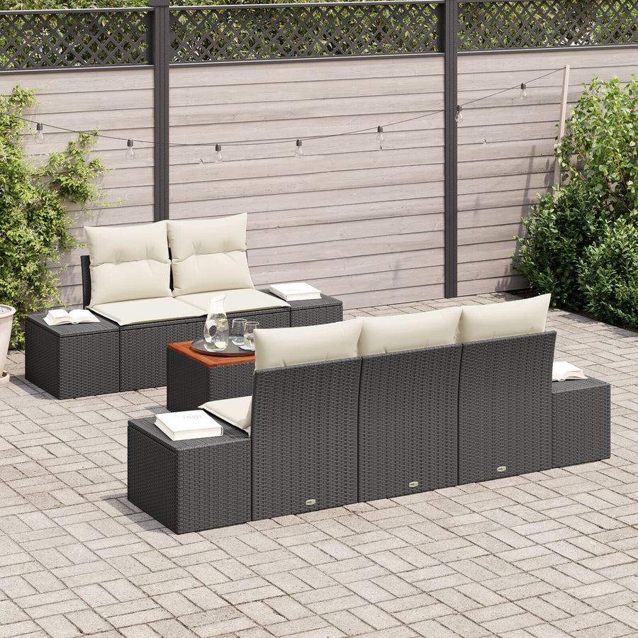 6-Delige Tuinbank Set Met Kussens Zwart Poly Rattan Acacia