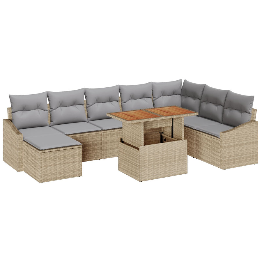 9-Delige Tuin Eetset Met Kussens Beige Poly Rattan Acacia