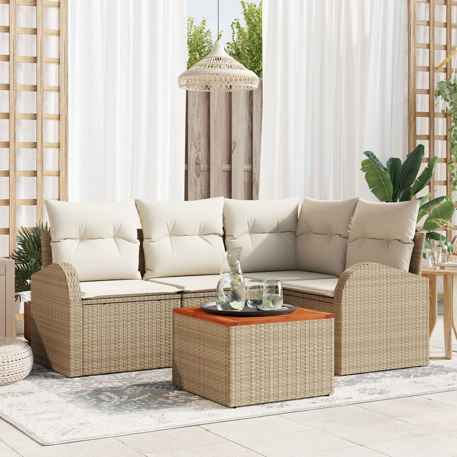 5-Delige Tuin Sofa Set Met Kussen Beige Poly Rattan Acacia