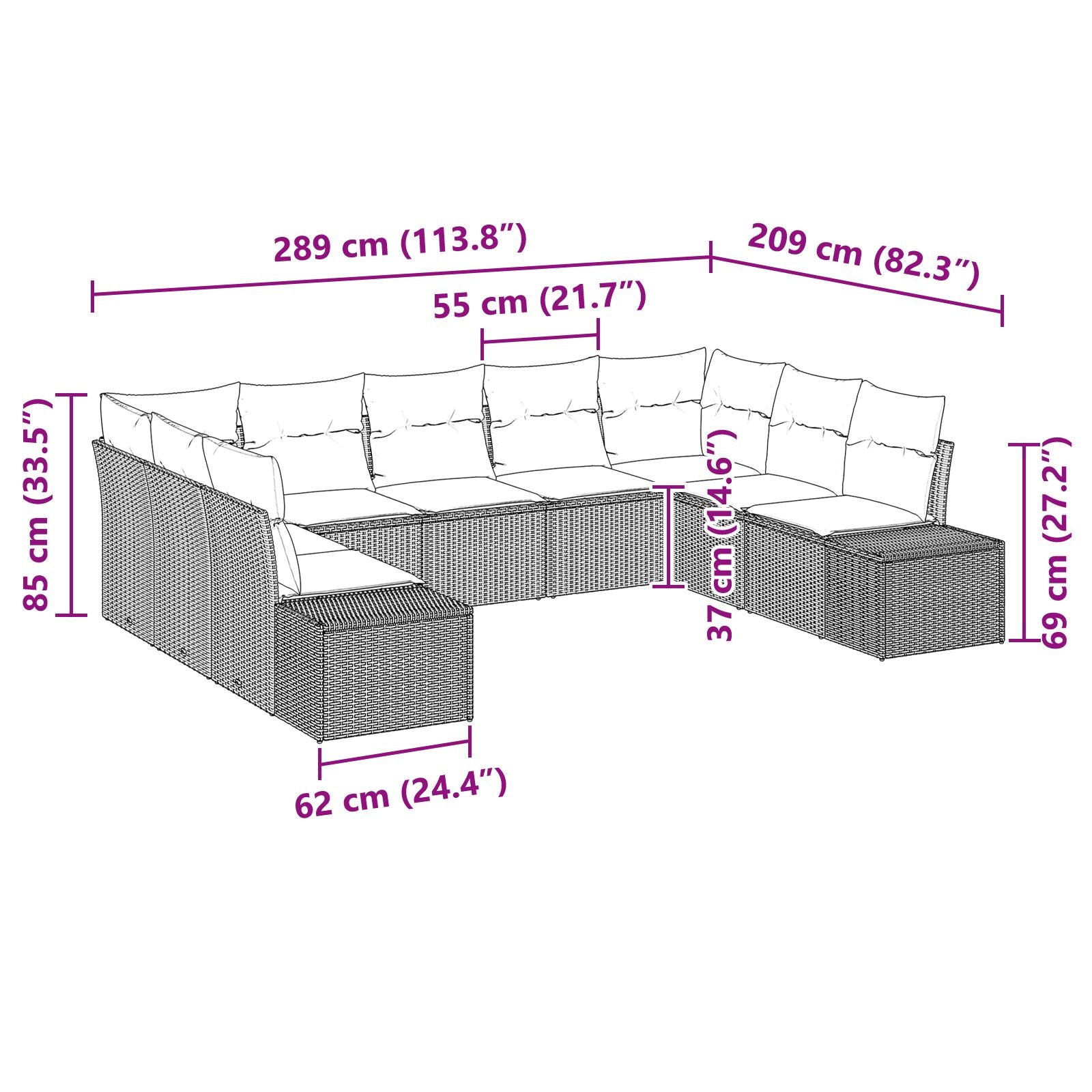 9 Persoons Tuin Sofa Set Met Kussens Poly Rattan Zwart en crème zonder tafel