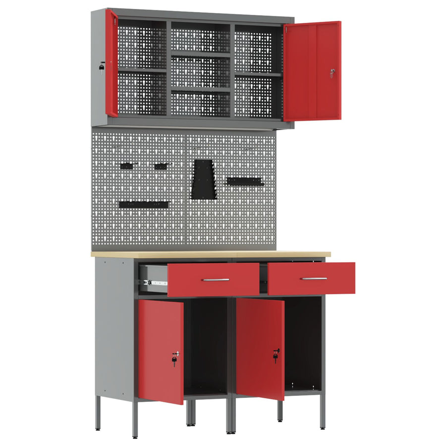 6-Delige Werkbankset Staal 2x (84 cm) Rood 2x kast + 2x prikbord + 2x kast met deur