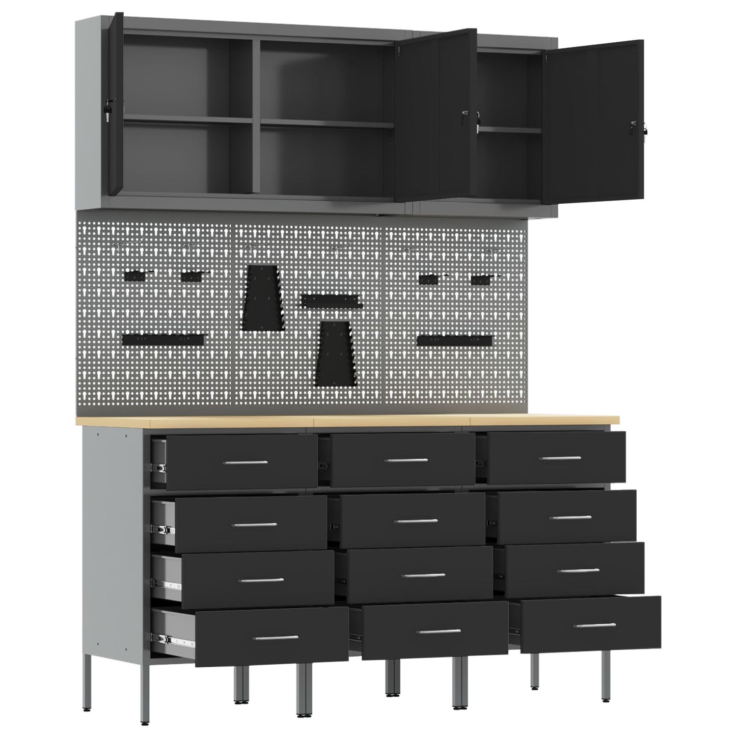 8-Delige Werktafel Set Staal 3x (85 cm) Zwart 3x kast + 3x pegboard + 2x gereedschap kast