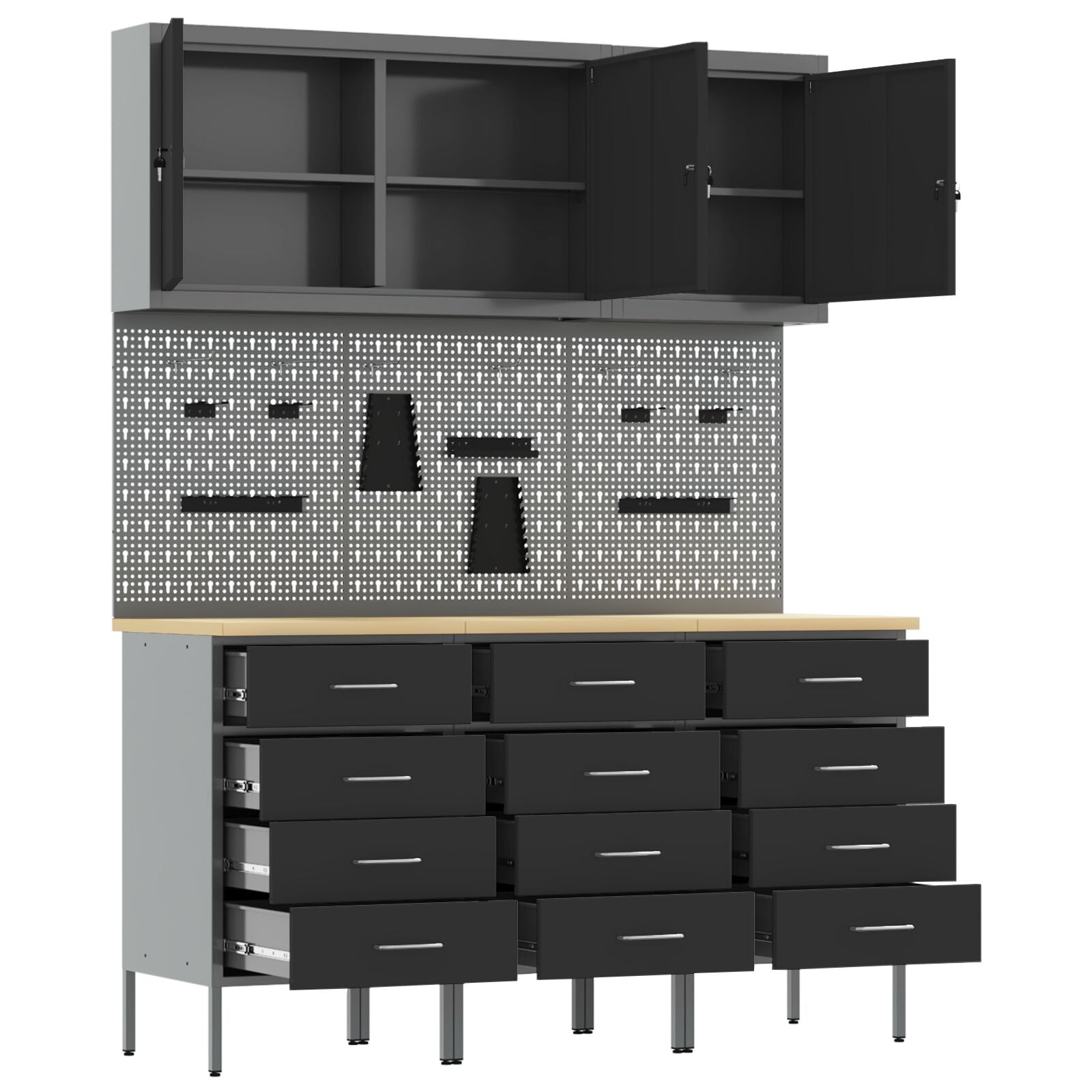 8-Delige Werktafel Set Staal 3x (85 cm) Zwart 3x kast + 3x pegboard + 2x gereedschap kast