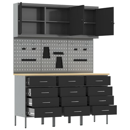 8-Delige Werktafel Set Staal 3x (85 cm) Zwart 3x kast + 3x pegboard + 2x gereedschap kast