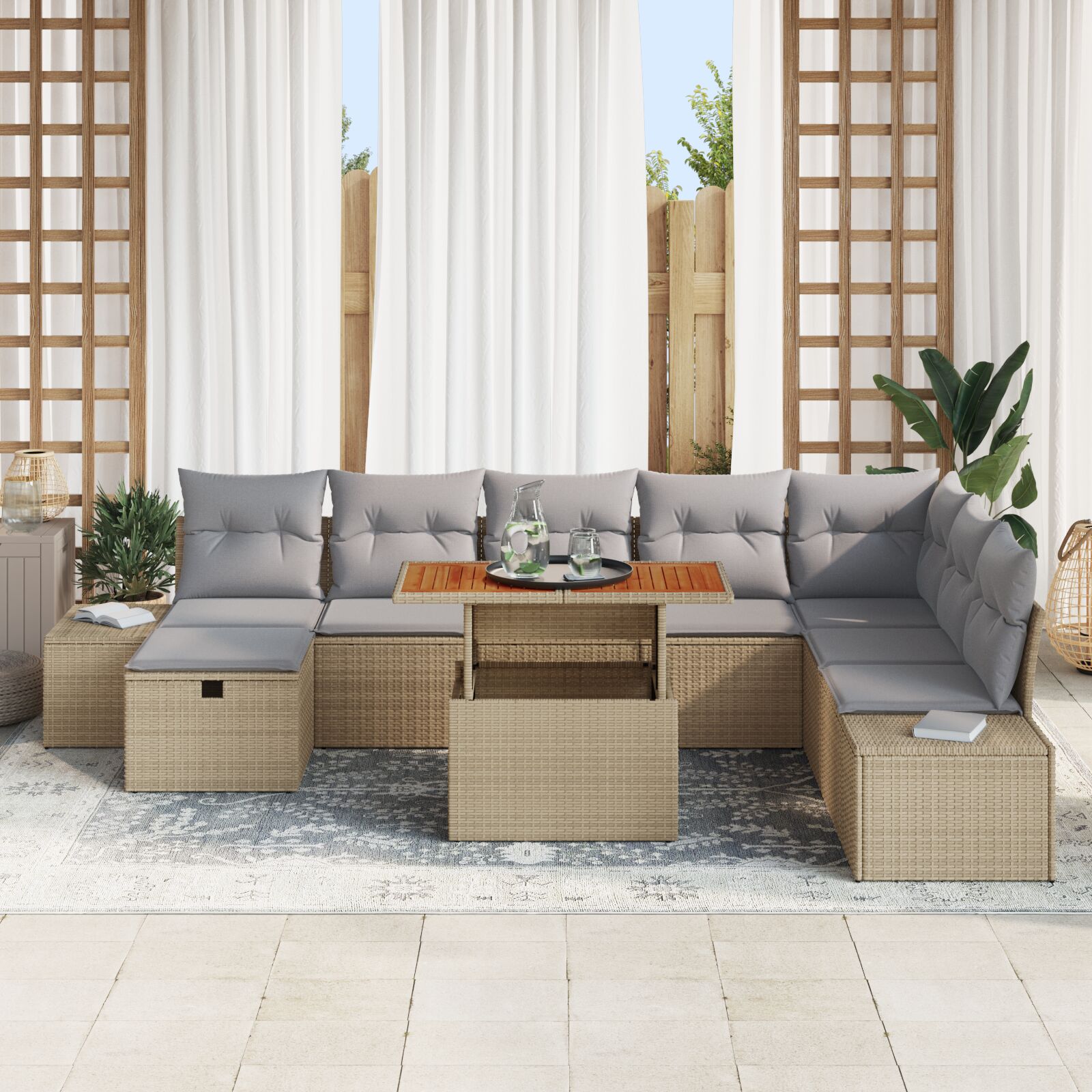 9-Delige Tuin Dining Set Met Kussens Beige Poly Rattan Acacia Wit