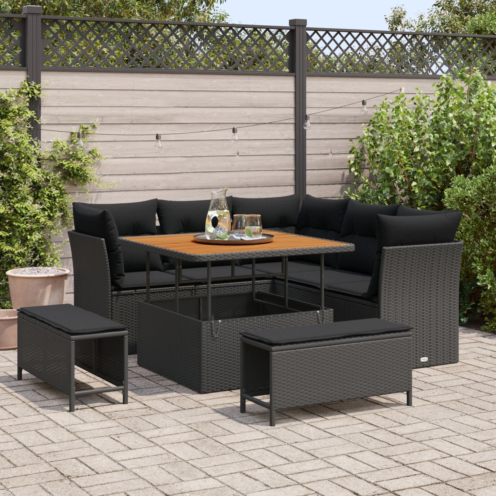 8-Delige Tuin Sofa Set Met Kussens Zwarte Poly Rattan Acacia, 3-Delige Tuin Eet Set Met Kussens Zwarte Poly Rattan Acacia Wit