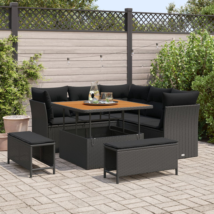 8-Delige Tuin Sofa Set Met Kussens Zwarte Poly Rattan Acacia, 3-Delige Tuin Eet Set Met Kussens Zwarte Poly Rattan Acacia Wit