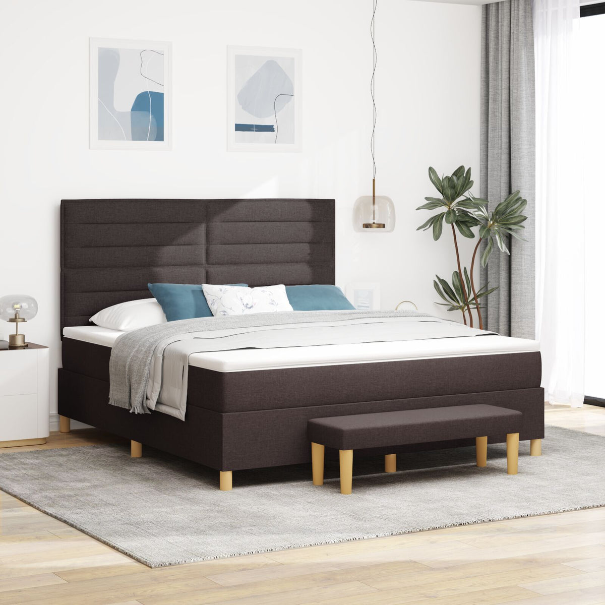 Boxspring Bed Met Matras & Bank Stof Donkerbruin 180 x 200 cm Lijnen ontwerp