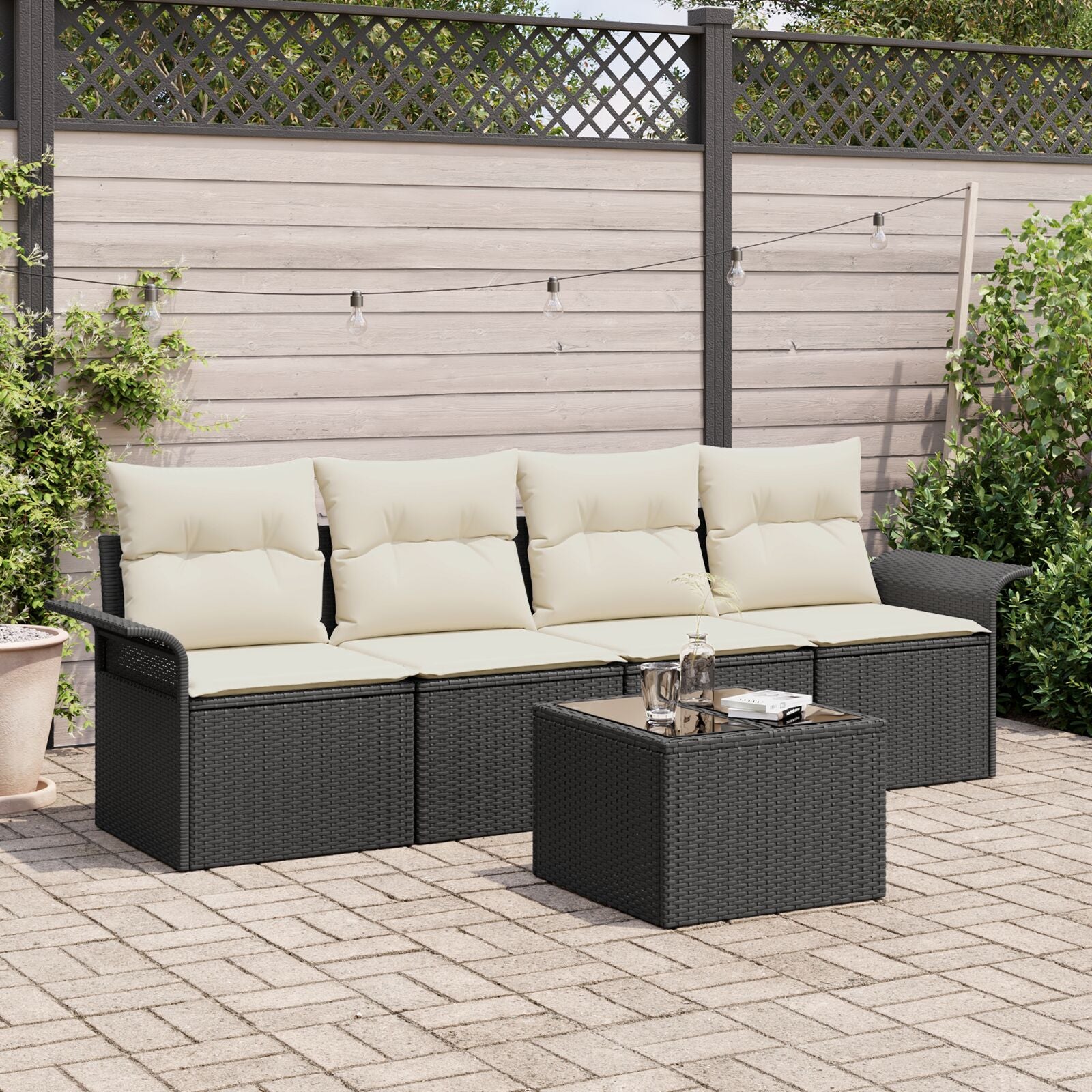 5 Delige Tuinbankset Met Kussens Zwart Poly Rattan