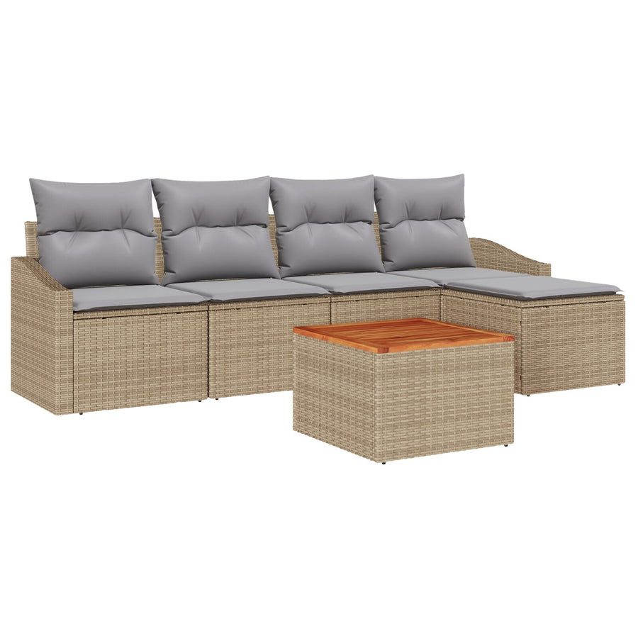 6-Delige Tuinbank Set Met Kussens Beige Poly Rattan Acacia