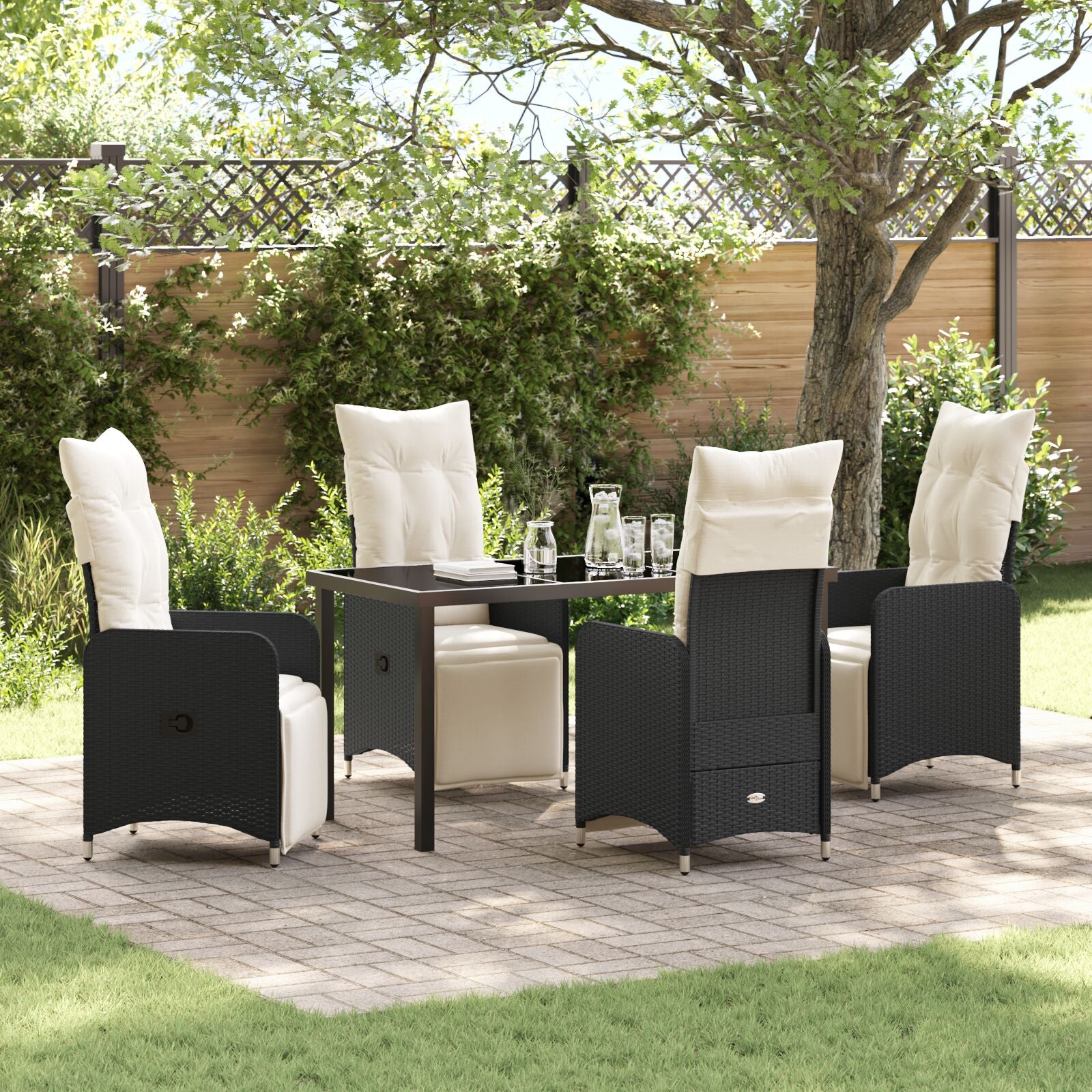 5-Delige Tuin Eettafel Set Met Kussens Zwart Poly Rattan.