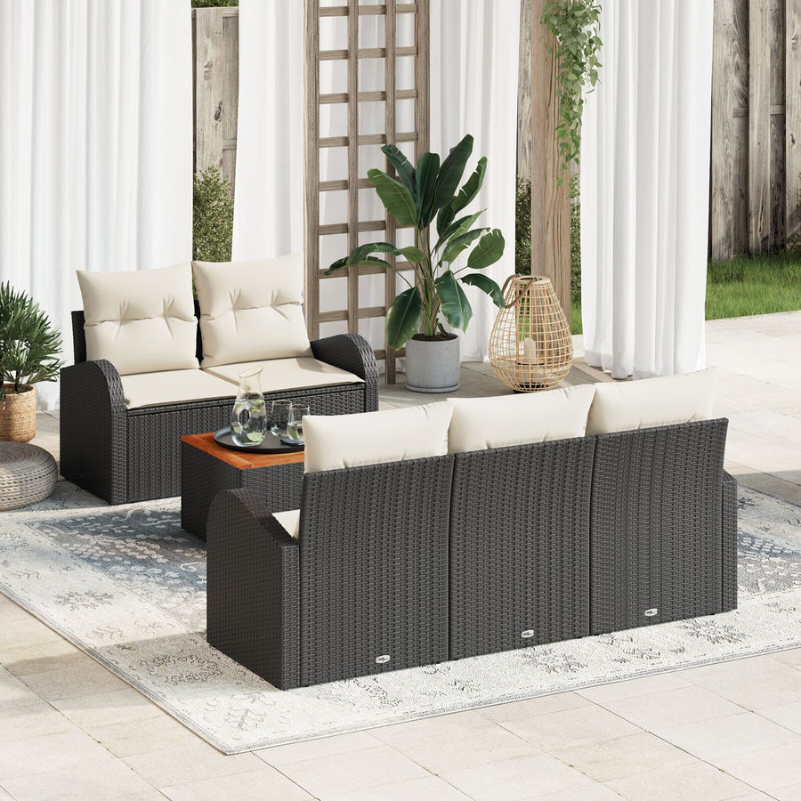 6-Delige Tuin Sofaset Met Kussens Zwart Poly Rattan Acaciahout