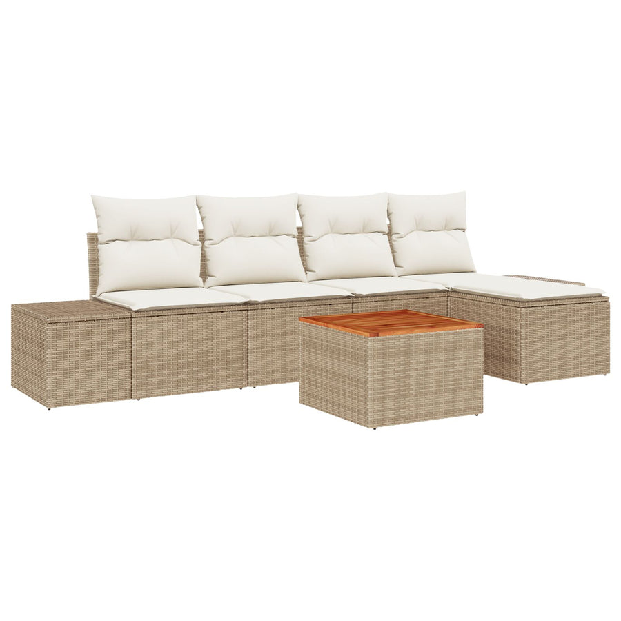 6 Stuk Tuin Sofa Set Met Kussens Beige Poly Rattan Acacia