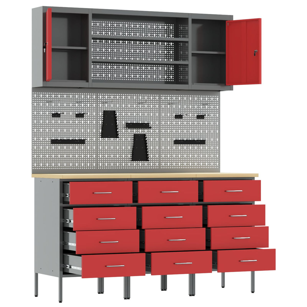 7-Delige Werkbankset Staal 3x (85 cm) Rood 4x kast + 4x pegboard