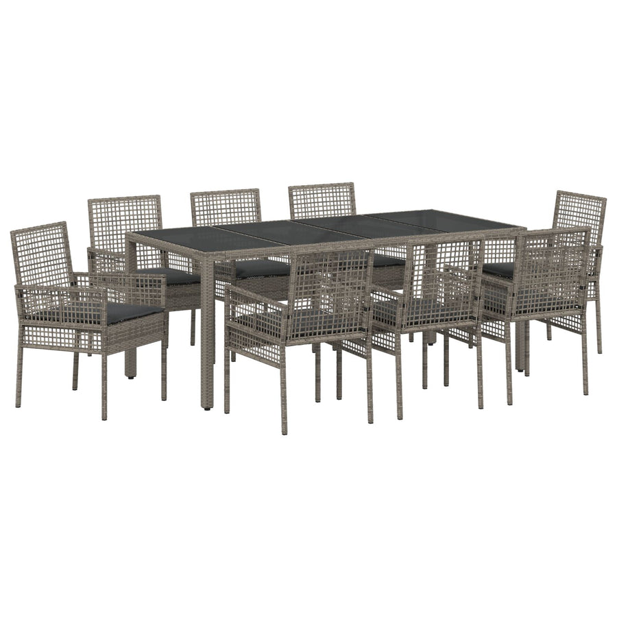 9-Delige Tuintafelset Met Kussens Grijs Poly Rattan