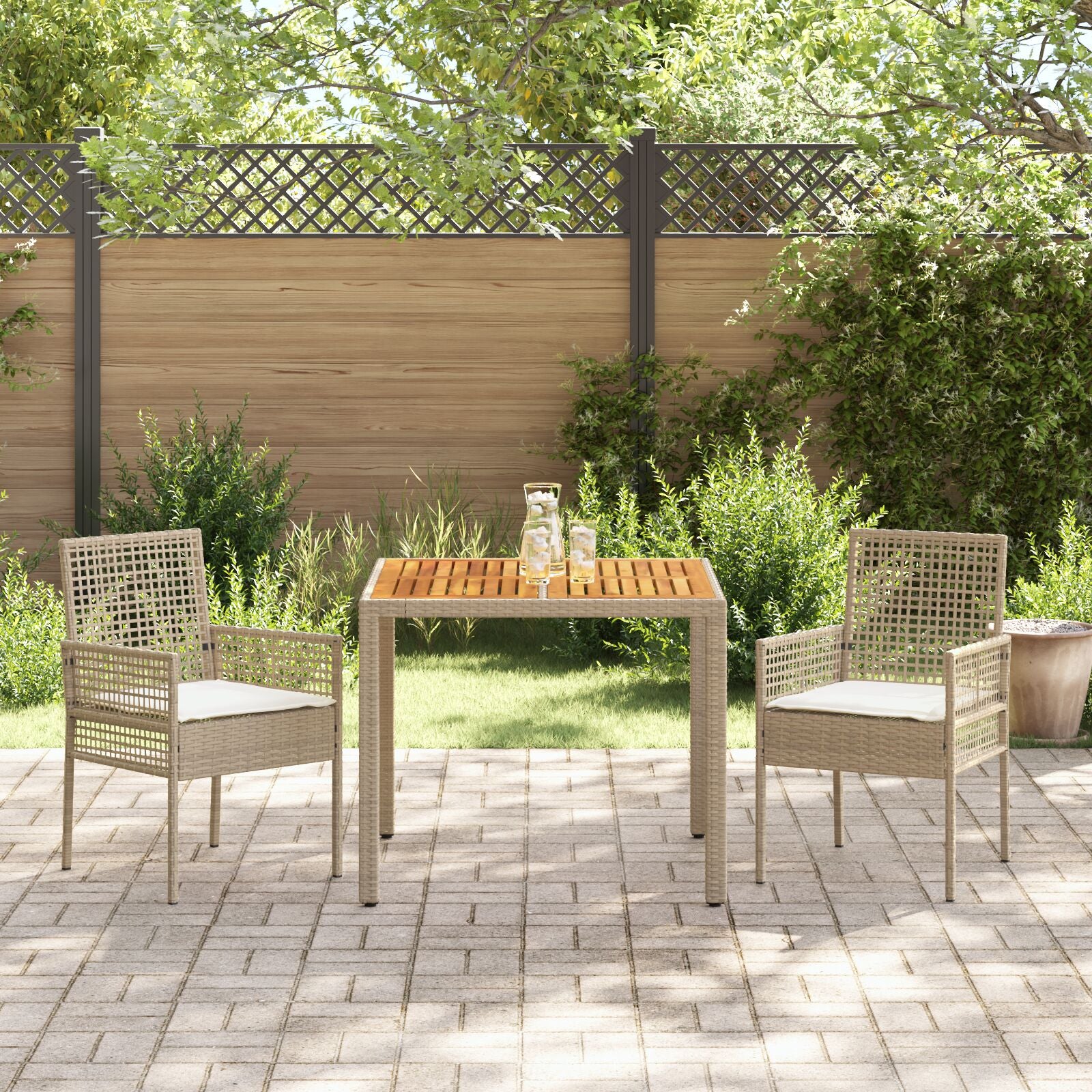 3-Piece Tuintafelset Met Kussens Beige Poly Rieten