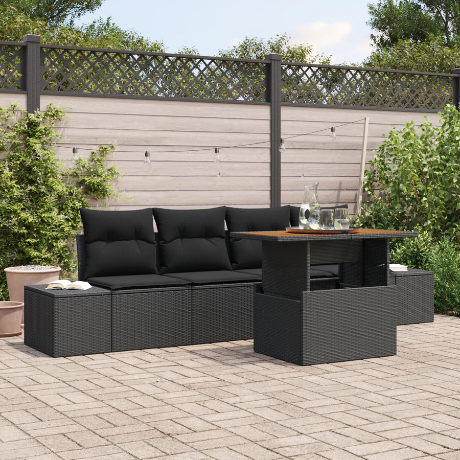 Tuin Sofa Set Set Van 5 Zwart Rattan, Stof 5-Delige Buiten Eetset