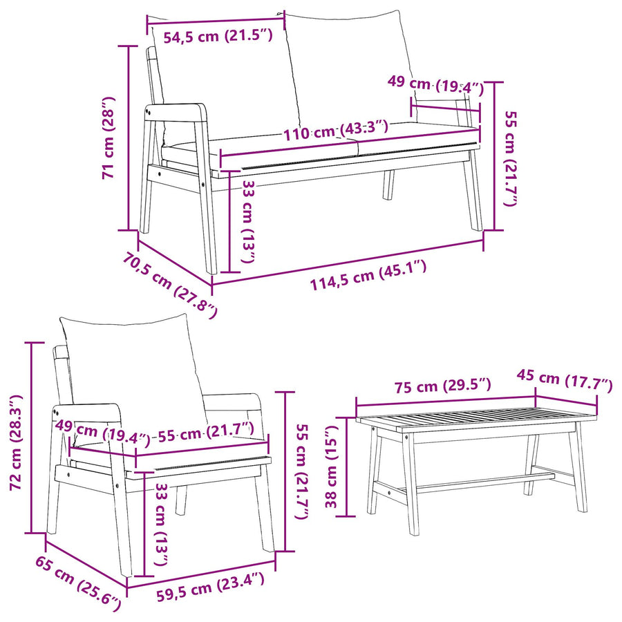 5-Delige Bistroset Met Kussens Van Massief Acaciahout Donkergrijs 2x bank + 2x stoel + tafel