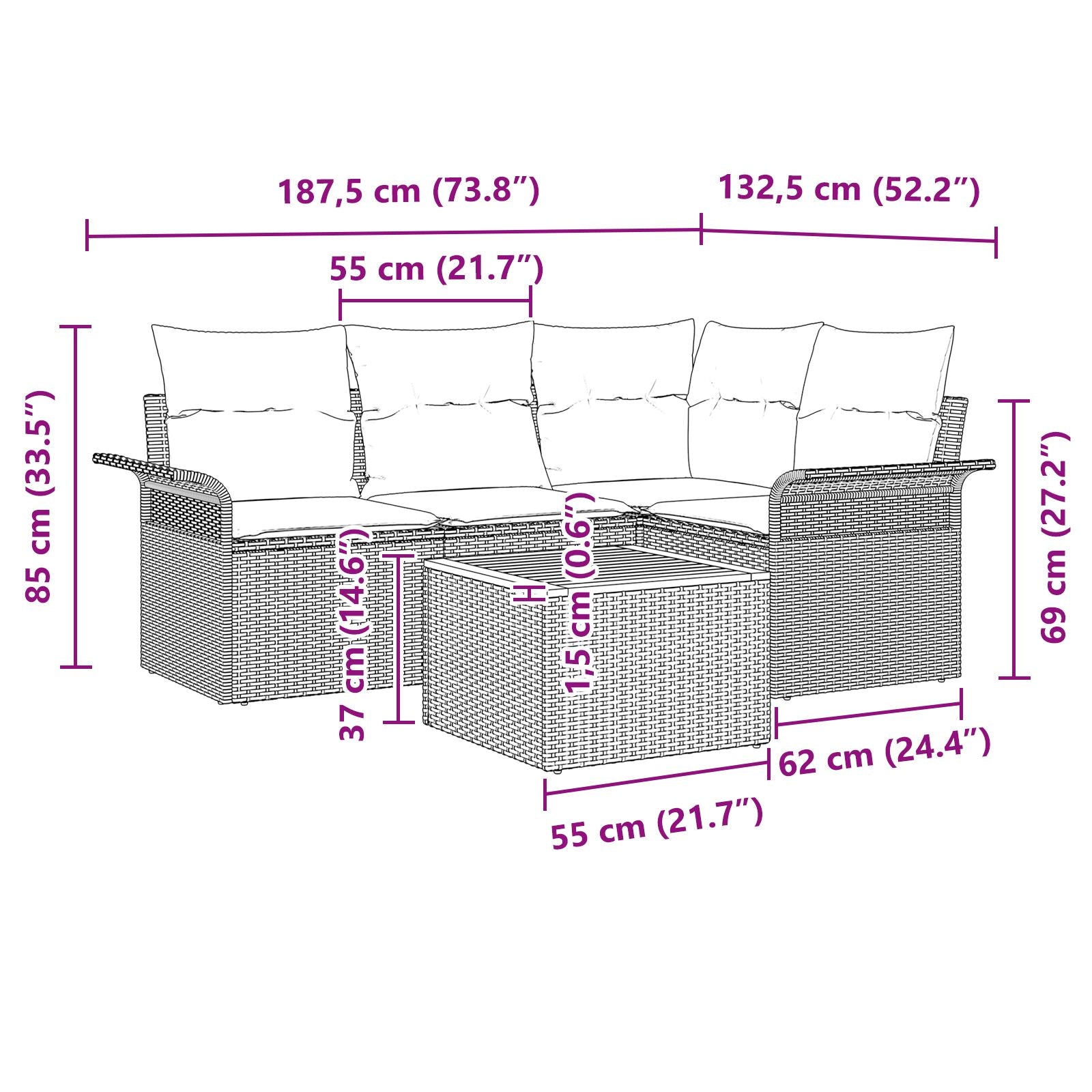 5-Delige Tuin Sofa Set Met Kussens Zwart Poly Rattan Acacia