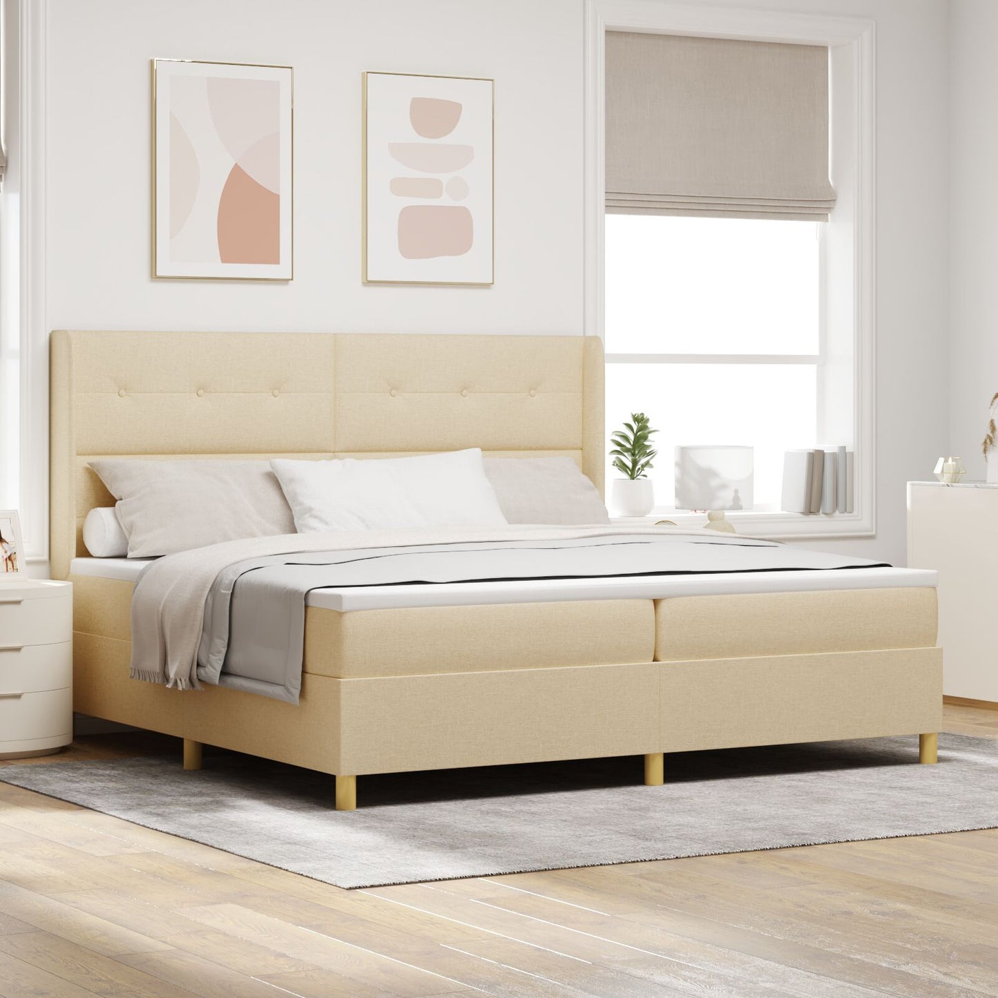 Boxspring Bed Met Matras & Led Crème 200X200 Cm Stof Blauw
