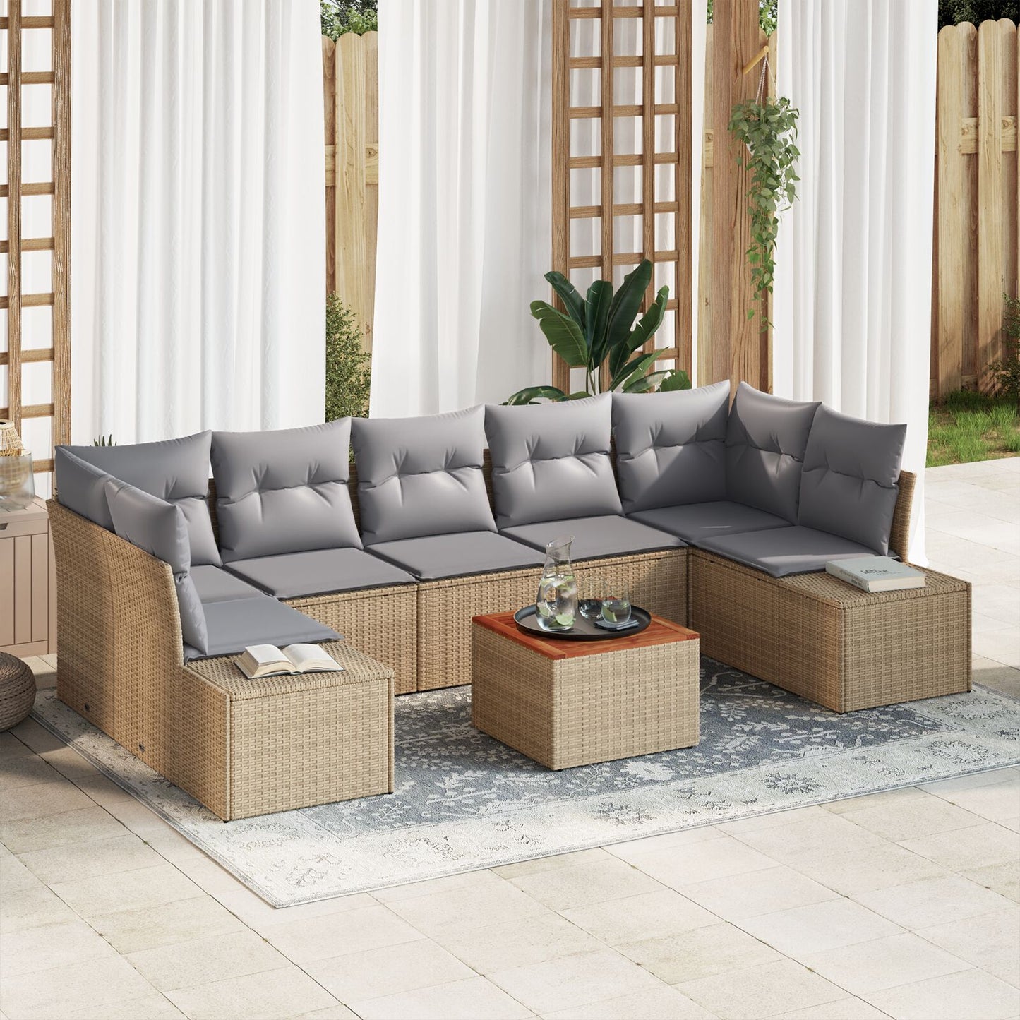 8-Delige Tuinbankset Met Kussens Beige Poly Rattan Acacia