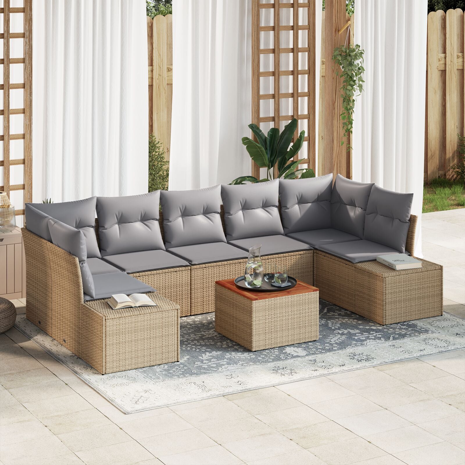 8-Delige Tuinbankset Met Kussens Beige Poly Rattan Acacia