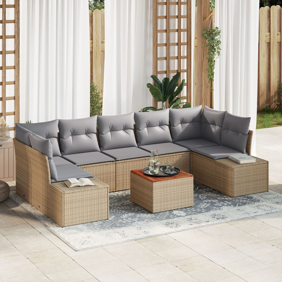 8-Delige Tuinbankset Met Kussens Beige Poly Rattan Acacia