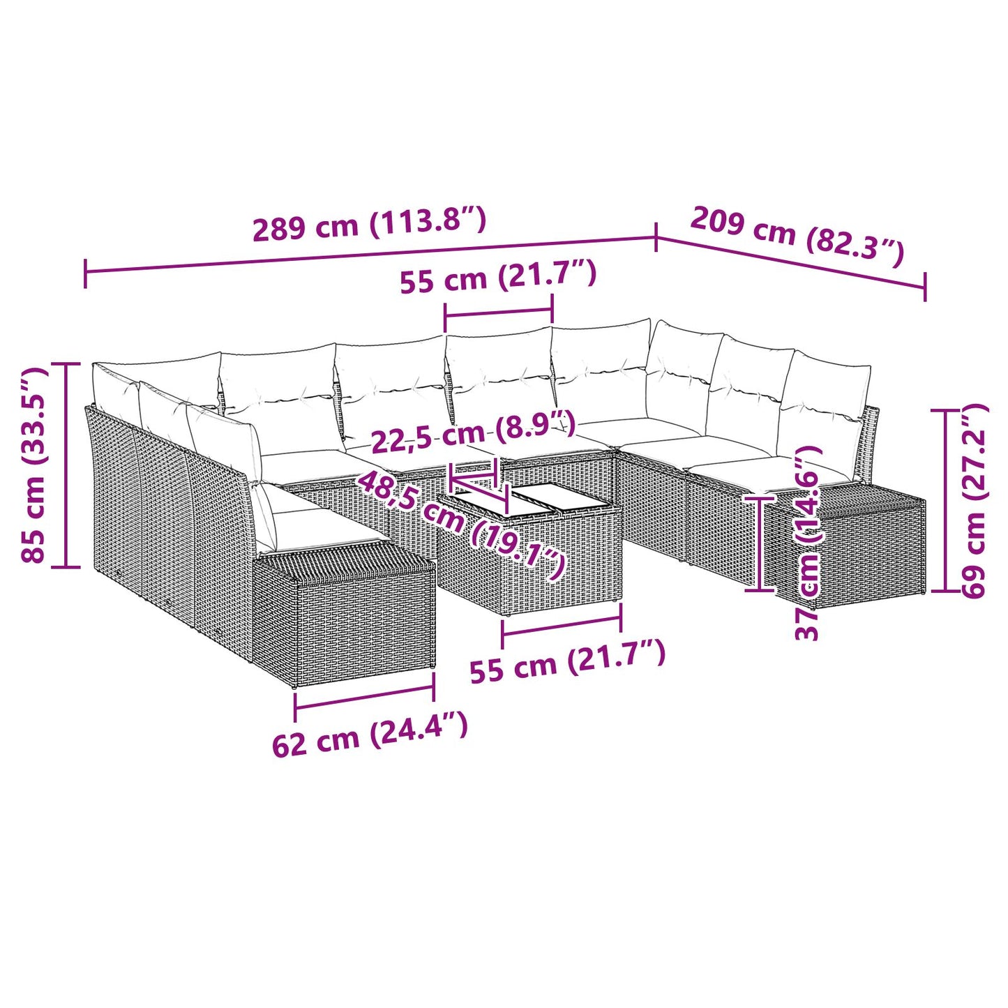 Tuinbank Set 10-Delig Riet, Polyester, Staal Buitenbank Zwart met tafel