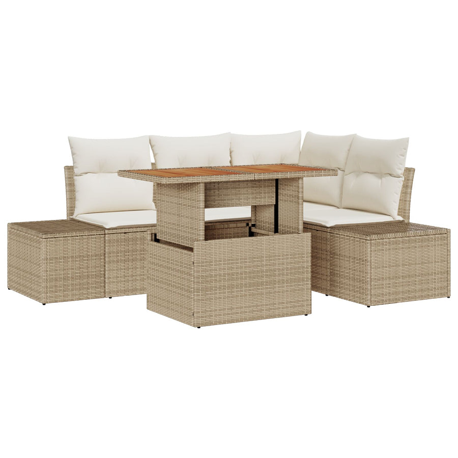 5-Delige Tuin Eetset Met Kussens Beige Poly Rattan Acacia