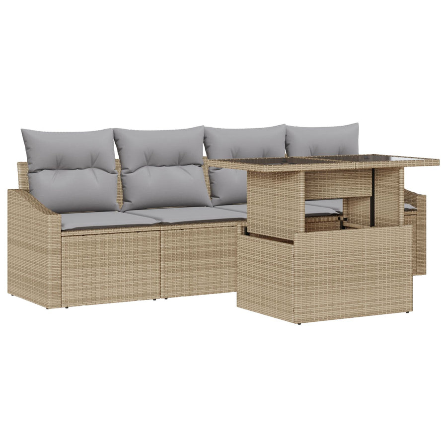Tuinbankstel Set Van 5 Beige, Grijs Rattan, Polyester