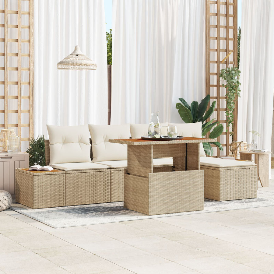 Tuinsofa Set Set Van 6 Beige, Crème Poly Riet, Polyester Kussens