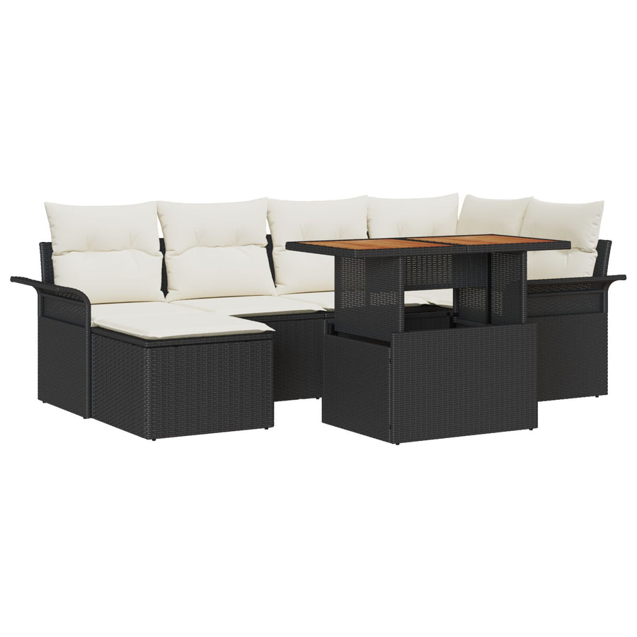 7-Delige Tuin Eettafelset Met Kussens Zwart Poly Rattan Acacia