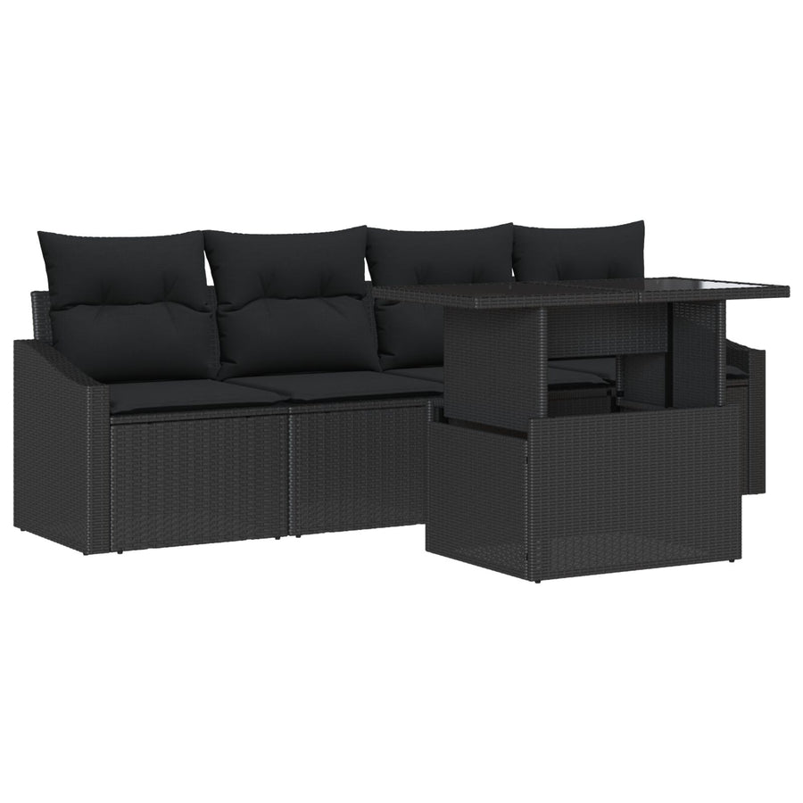 5-Delige Tuinbankset Met Kussens Zwart Poly Rattan