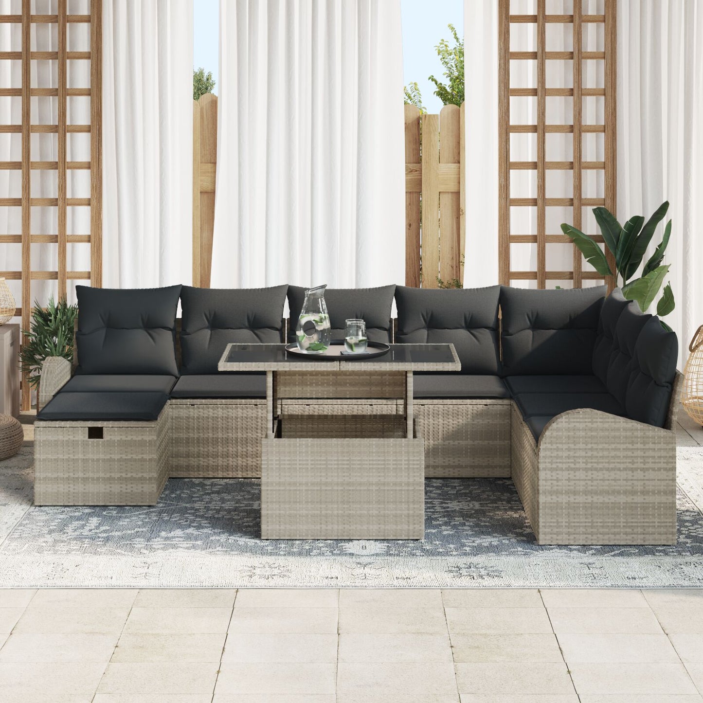 9-Delige Tuinbank Set Met Kussens Lichtgrijs Poly Rattan