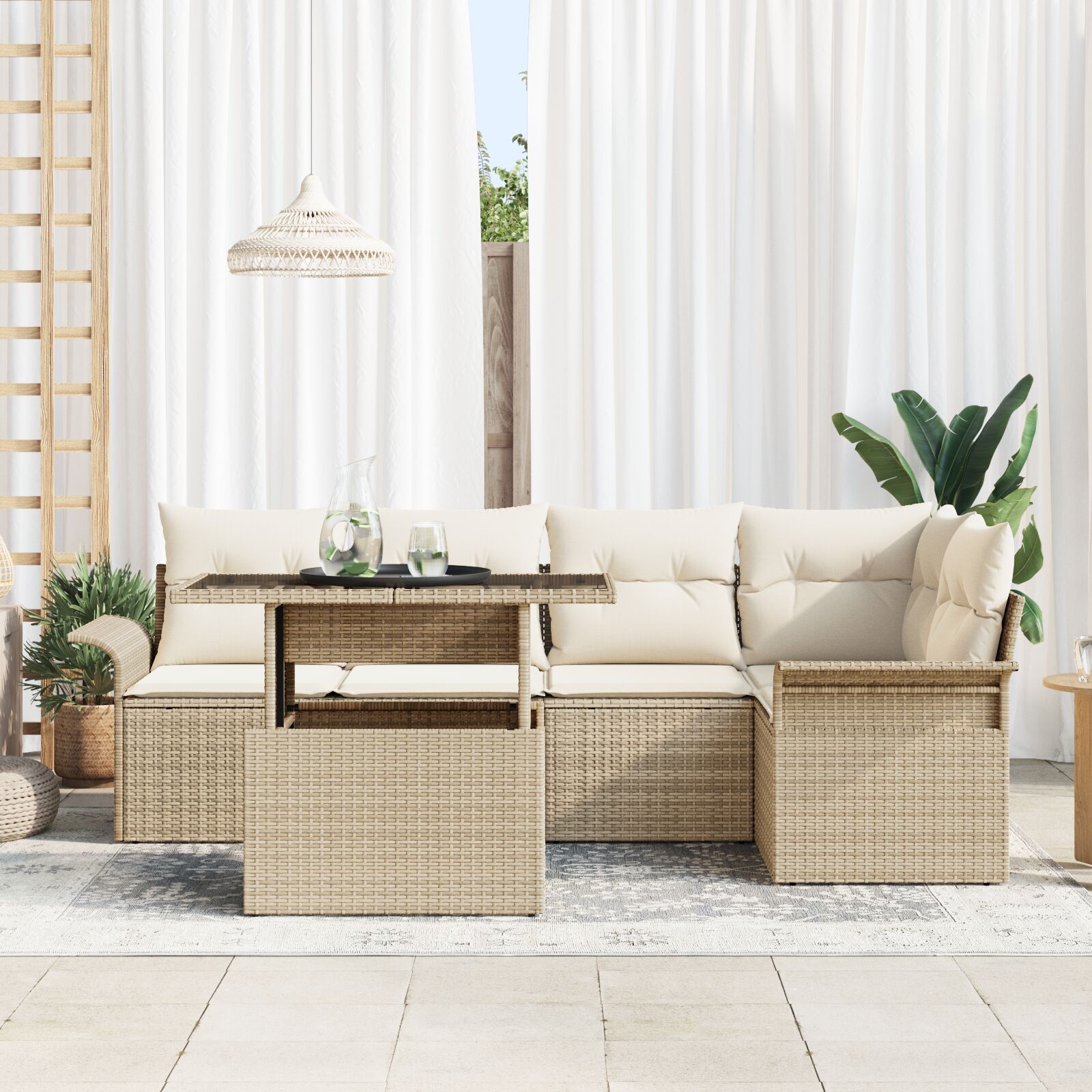 6 Delige Tuin Sofa Set Met Kussens Beige Poly Rattan