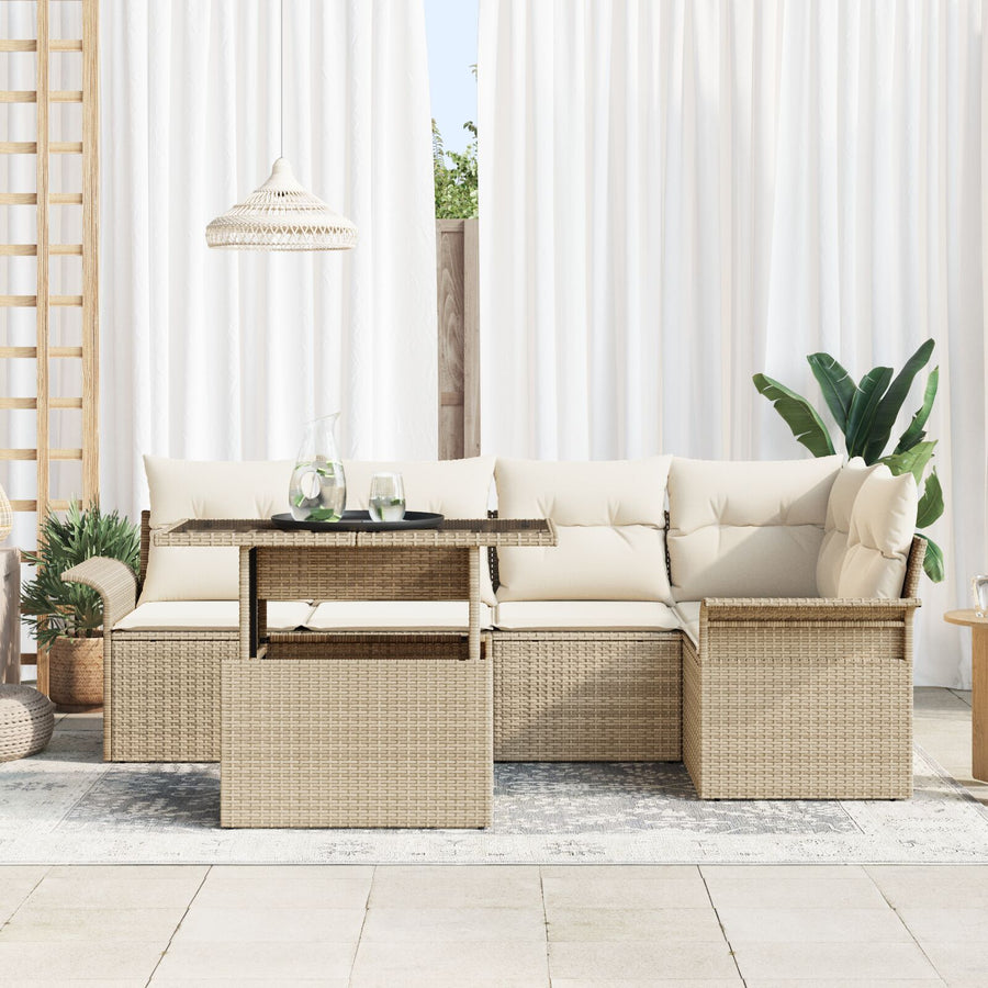 6 Delige Tuin Sofa Set Met Kussens Beige Poly Rattan