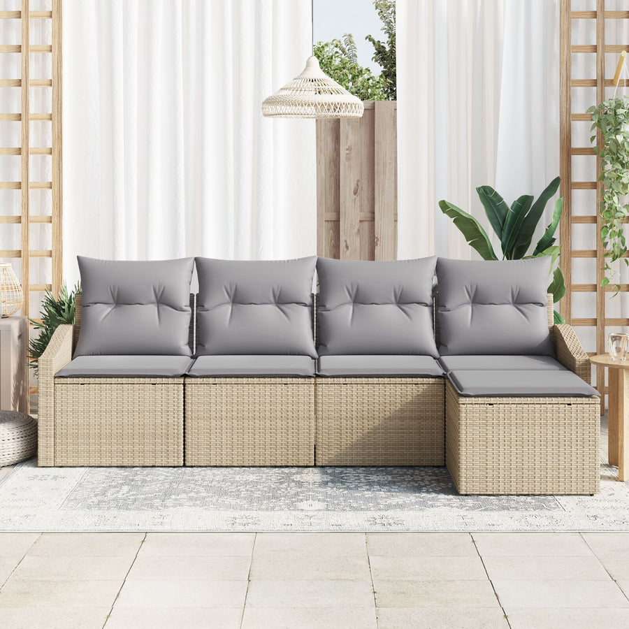 5-Delige Tuinbankset Met Kussens Beige Poly Riet
