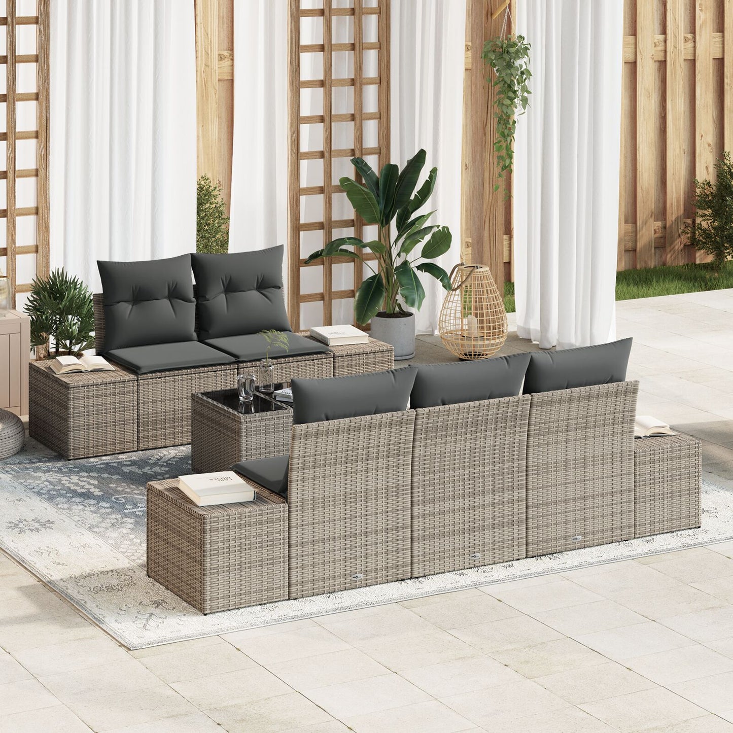 6-Piece Tuin Sofaset Met Kussens Grijze Poly Rattan